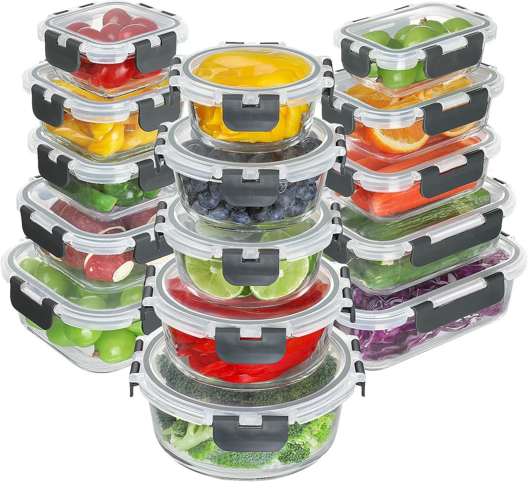 BAYZZ 30 Piece Glass Food Storage Containers Set, Glass Meal Prep Containers with Lids, Airtight Lunch Box, BPA-Free, Microwave, Freezer & Dishwasher Safe (Gray)