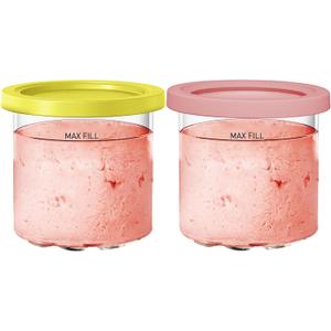 For Ninja Creami NC299AMZ & NC300s Series Ice Cream Makers, Dishwasher Safe, 16 oz Pints with Lid, 2 Pack (Yellow/Pink)