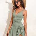 Aleumdr Ribbed One Piece Swimdress Swimsuits for Women Tummy Control Tie Knot Swim Skirt V Neck Bathing Suit (M)