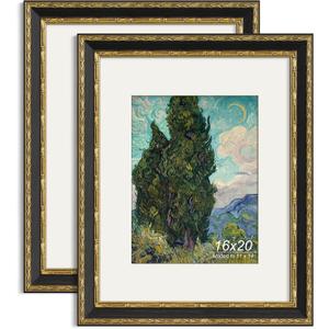 Yaetm 16x20 Vintage Picture Frame, Ornate Antique Gold 16x20 Frame for Wall, White Mat for 11x14 Photos, 1.5-inch Wide Molding - Portrait or Landscape - Wall Mount for Home (Black/Gold, 2 Pack)