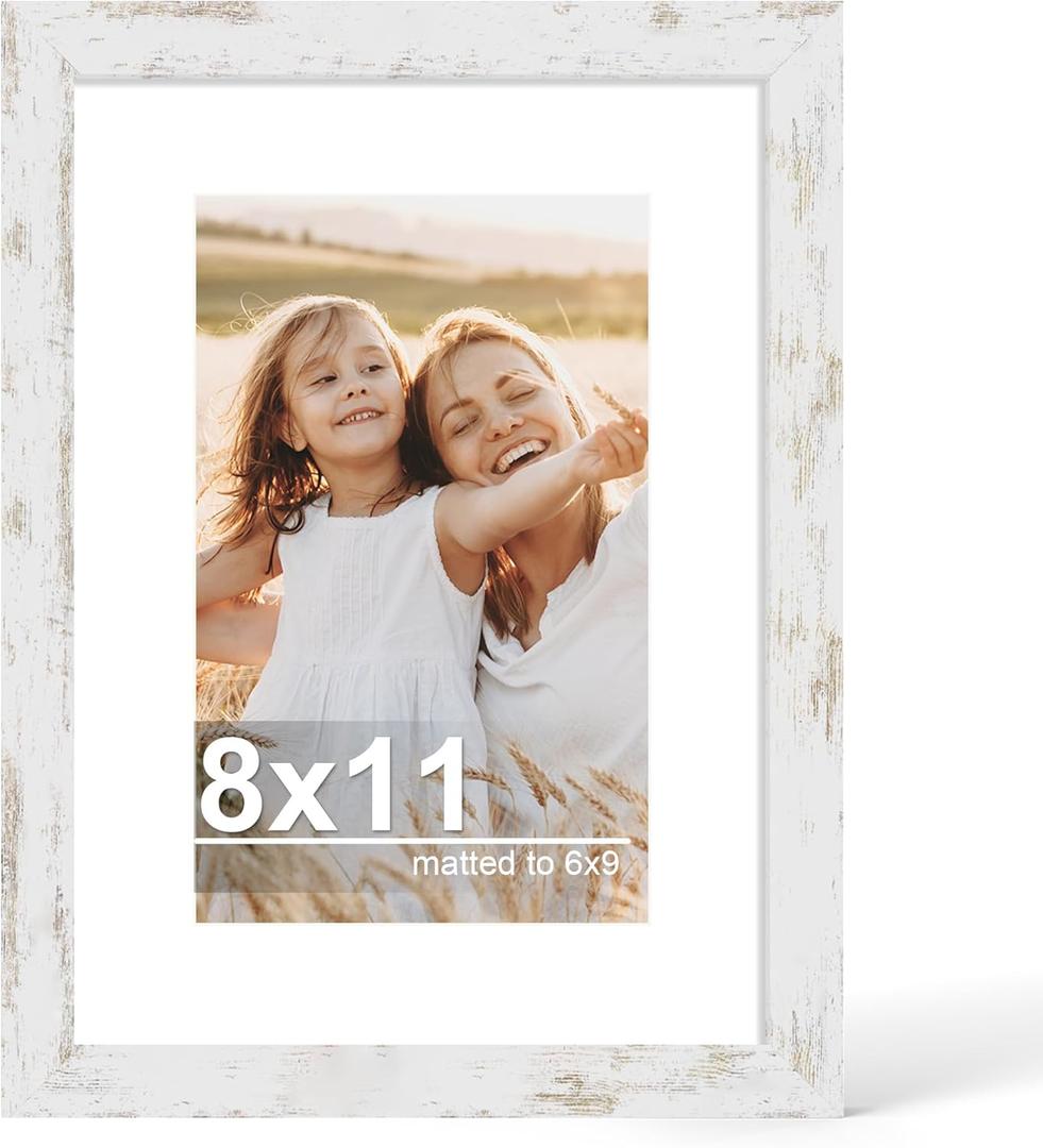 Hongkee 8x11 Picture Frame with Glass, Display Pictures 6x9 with Mat or 8 x 11 without Mat - Wall and Tabletop, 8 by 11 Photo Wooden Frames (Distressed White, 1 Pack)