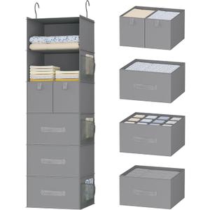 6-Shelves Hanging Closet Organizer with 5 Different Drawers, Foldable Closet Organizers and Storage for Wardrobe, Closet& RV, Clothes and Accessories Storage, Non-Woven Fabric, Gray (Grey)