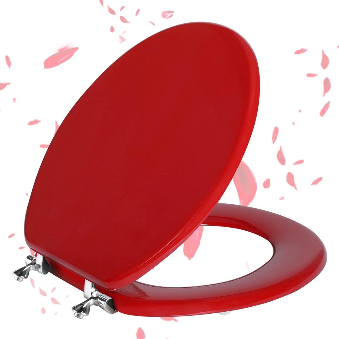 Red Round Toilet Seat Natural Wood Toilet Seat with Zinc Alloy Hinges, Easy to Install also Easy to Clean, Scratch Resistant Toilet Seat by Angol Shiold (Round, Red)