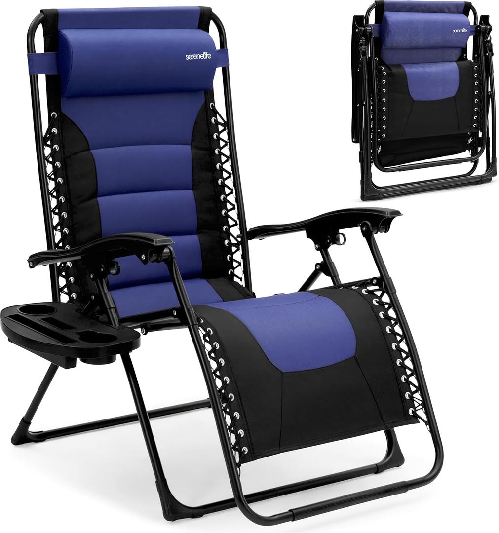 SereneLife Oversized Padded Zero Gravity Lounge Chair, Foldable Outdoor Patio Recliner, Anti Gravity Lawn Recliner with Cup Holder and Side Table for Backyard, Camping, Beach or Outdoor Relaxation