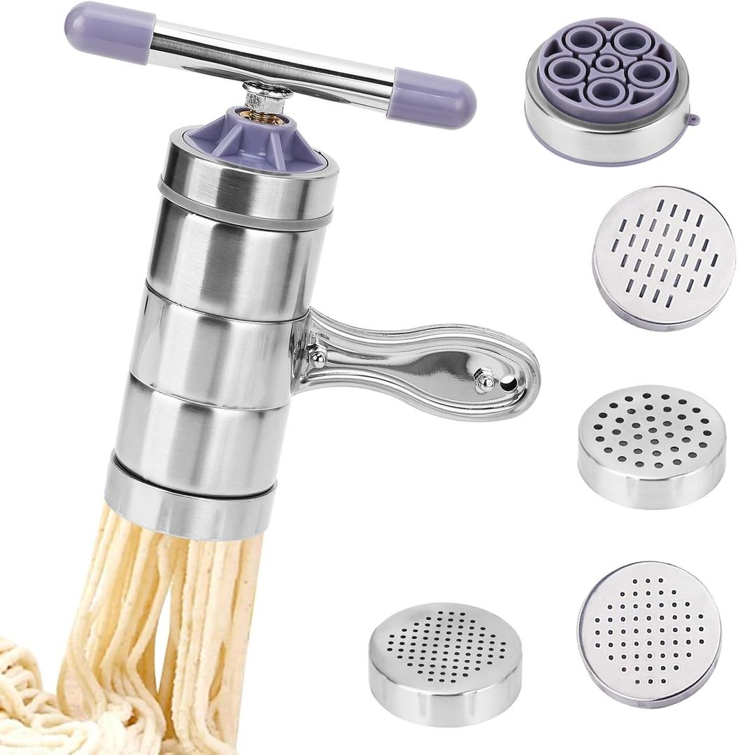 Manual Pasta Maker Machine, Stainless Steel Noodle Maker with 5 Dies, Hand Crank Pasta Press & Extruder for Fresh Homemade Pasta, Easy to Clean, Kitchen Pasta Machine