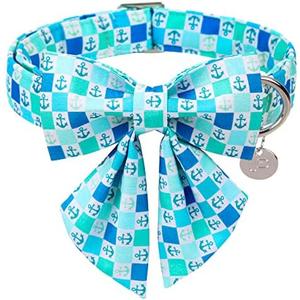 UP URARA PUP Summer Dog Collar with Bow Tie, Comfortable Cotton Dog Bowtie Collar, Cute Plaid Dog Collar for X-Large Girl Boy Dog, Holiday Blue Pet Collar with Durable Metal Buckle, XL