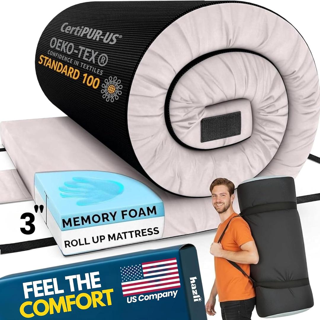Hazli Matrix Comfort-Cell Memory Foam Camping Mattress Pad - Roll Up Mattress for Adults - Portable Cot Sleeping Pad for Camping - Floor Mat or Bed Roll for Car, SUV - Twin 75" X 36" X 3"