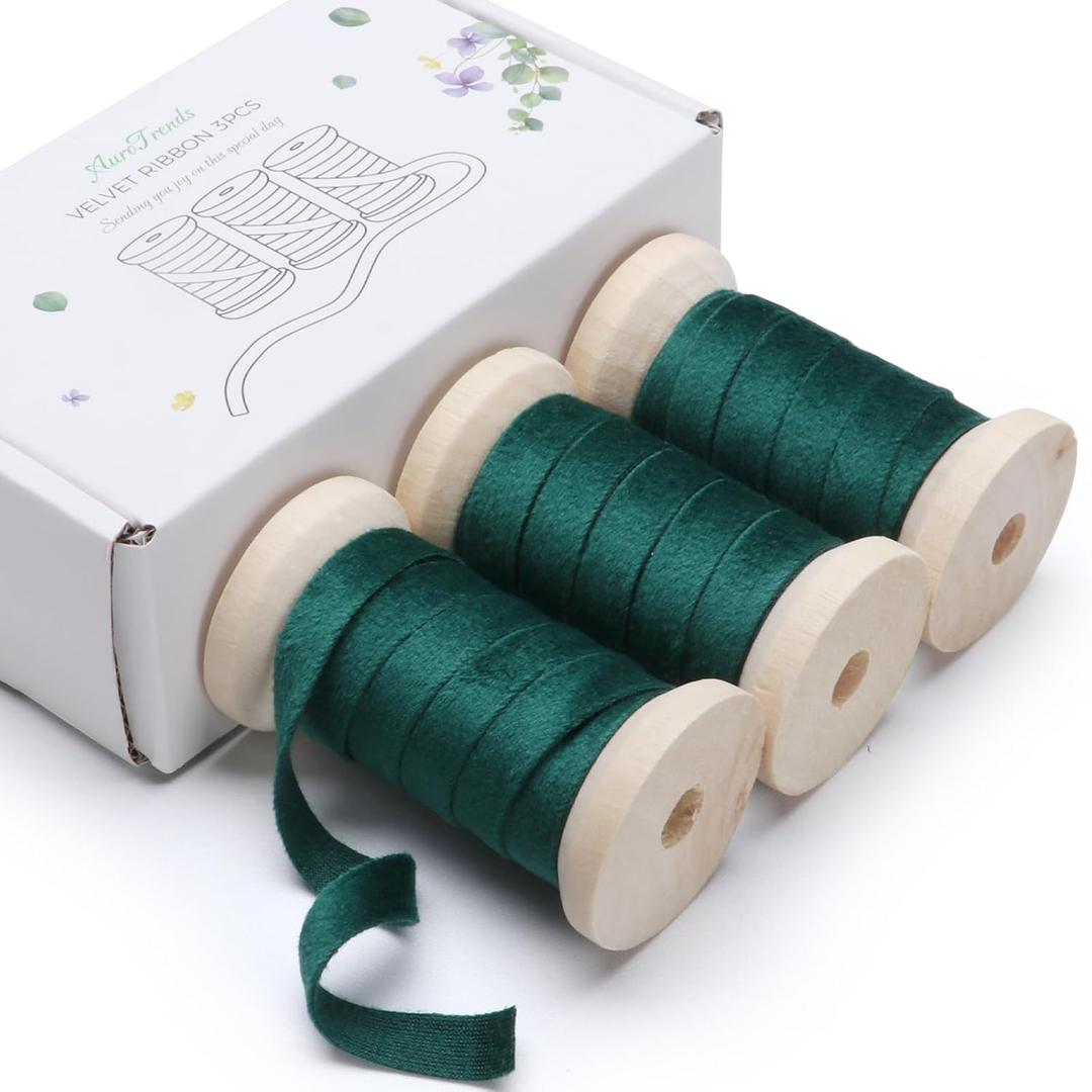 3 x AuroTrends Green Velvet Ribbon 3/8in -3Rolls, 3/8" x 15 Yd Velvet Christmas Ribbon with Wooden Spool- Thin Velvet Green Ribbon for Christmas Decoration, Gift Wrapping (Green, 3 Rolls)