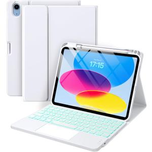 Harvopu Compatible for iPad 11th 10th Generation Case with Keyboard, Folio Cover with Pencil Holder, Multi-Touch Trackpad, 7 Color Backlit, Detachable Keyboard for iPad (A16) 11th/10th Gen (White)