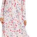 FMIRREO Long Cotton Nightgown Women's Long Sleeve Sleepwear Pleated Floral House Dress Soft Comfy Night Dress for Ladies (A01-pink Red Green Flower)