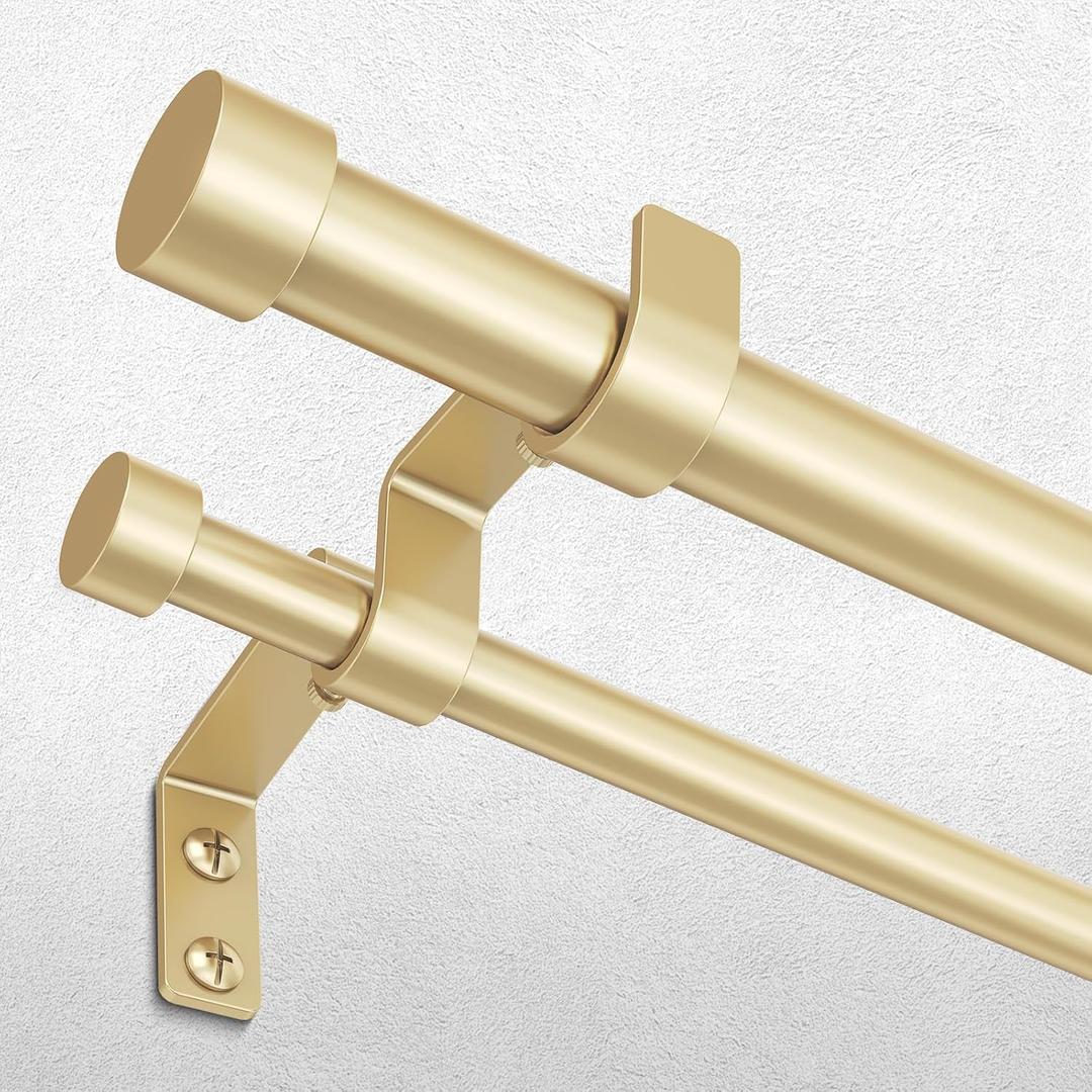 Gold Double Curtain Rod, 30 to 56 Inch Dual Curtain Rods with Aluminium Modern End Cap Finials, 1 Inch Adjustable Heavy Duty Window Treatment Rods, Telescopic Metal Double Drapery Pole Set