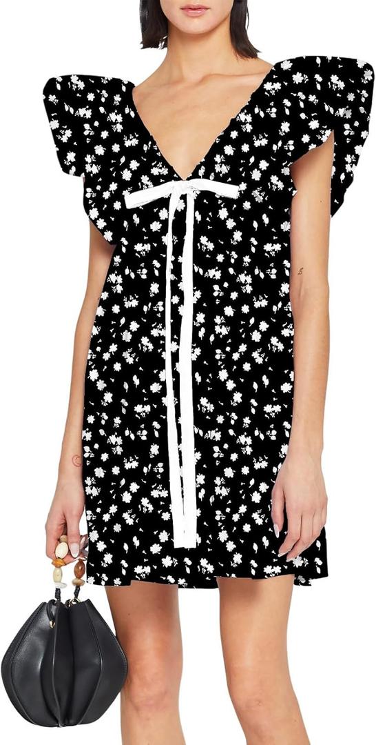 hibshaby Women's Floral Print Mini Dress V Neck Puff Sleeve Dress Short Babydoll Bow Dress. M Size