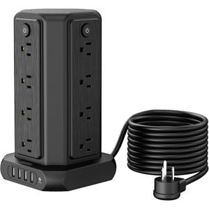 Surge Protector Power Strip Tower with USB Ports, 15 FT Extension Cord Tower with 16 Widely Spaced Outlets 4 USB Ports, 1080 Joules, Overload Protection, Flat Plug Power Strip for Home, Office, Black