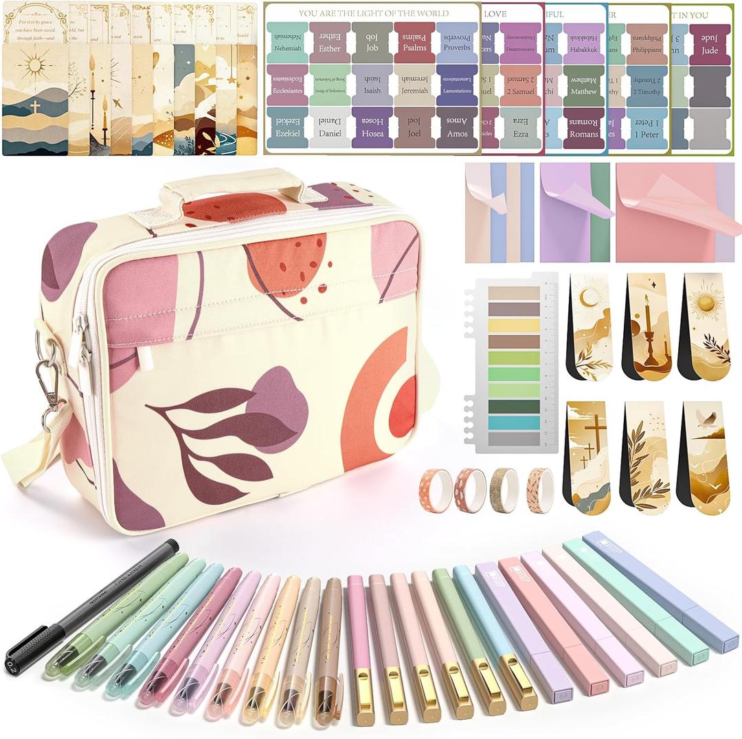 WEMATE 76 PCS Bible Study Supplies with Case, 15 No Bleed Highlighters and Pens, Washi Tape, Transparent Sticky Notes, Prayer Cards, Annotation Journaling Kit Christian Gift for Women