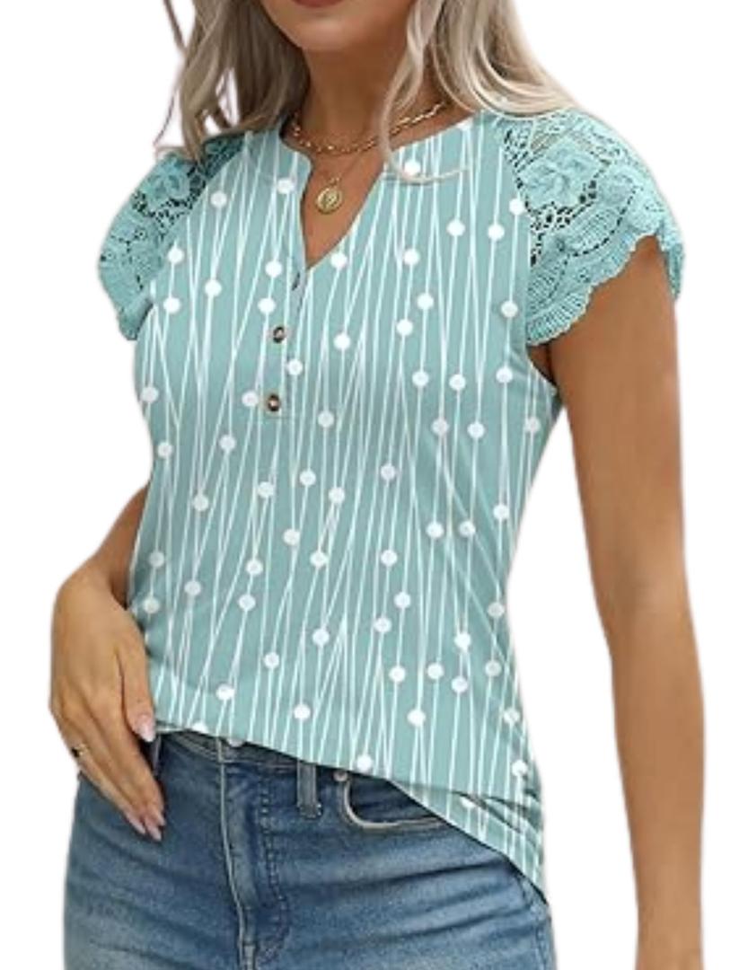 GUNEST Women's Polka Dot Green Tank Tops Lace Cap Sleeve Button Down V Neck Summer Casual Loose Fit 2024 Trendy Cute Sleeveless Shirts Blouse Tops, S