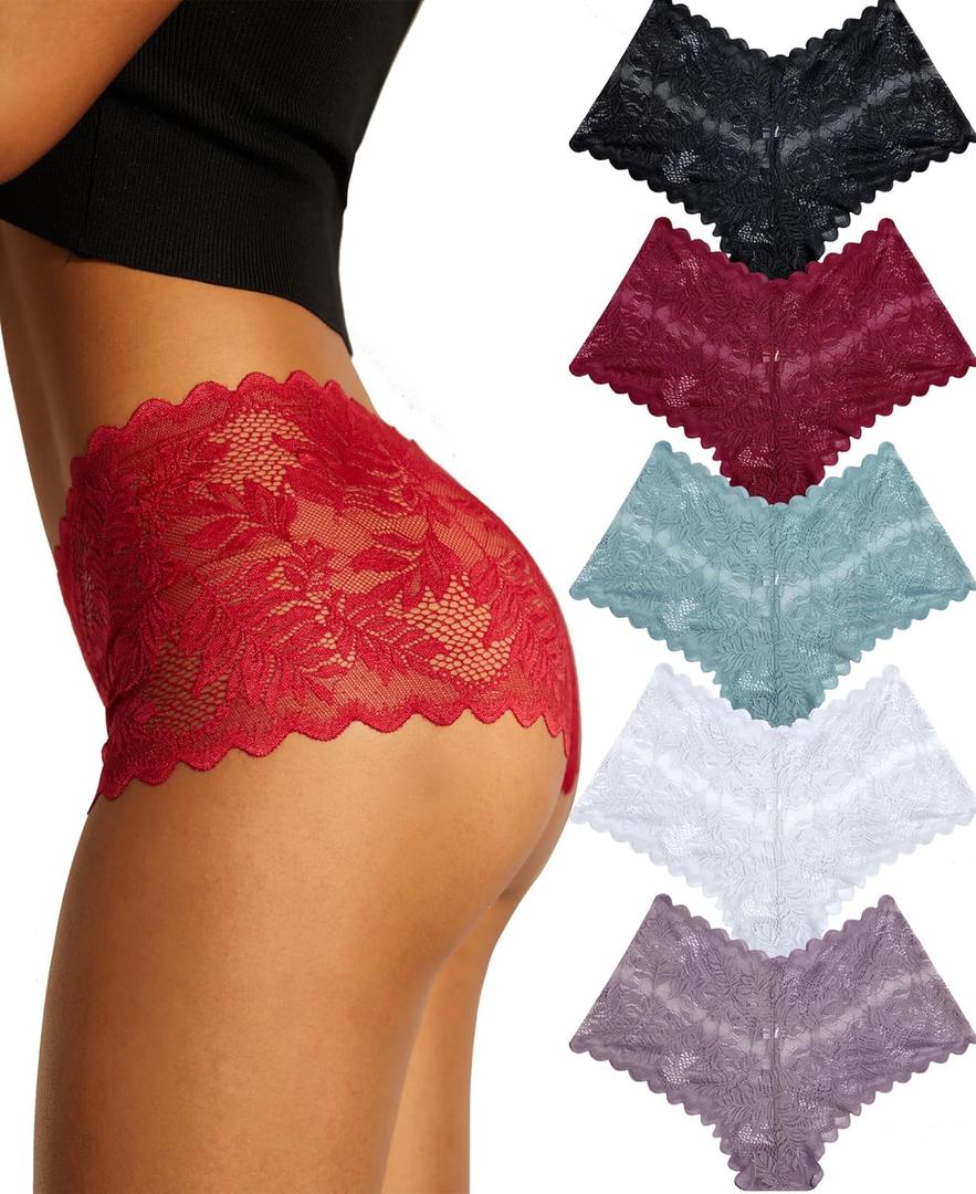 FINETOO Sexy Underwear for Women V-Waist Shorts Women' s Underwear Lightweight Soft Lace High Waist Panties 5 Pack (Large)
