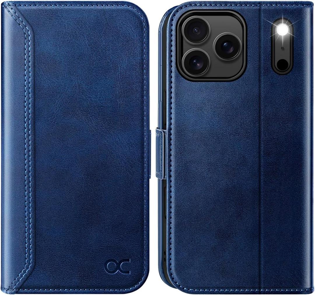 OCASE Compatible with iPhone 17 Pro Wallet Case, PU Leather Flip Folio Case with Card Holders RFID Blocking Kickstand [Shockproof TPU Inner Shell] Phone Cover 6.3 Inch 2025, Retro Blue