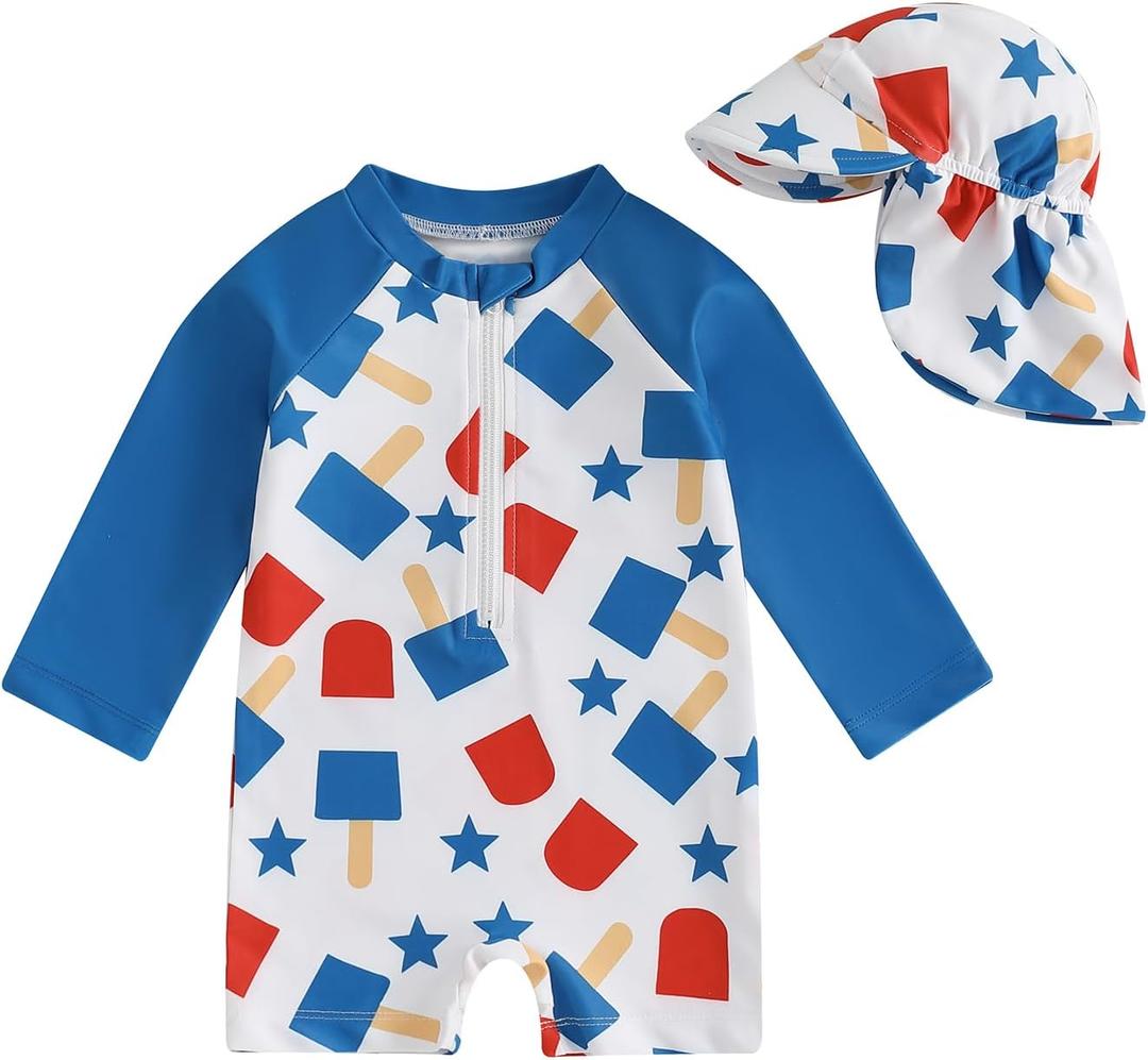 Toddler Boy 4th of July Swimsuit Popsicle/Star/Plaid Print Rashguard Sun Protection One Piece Zipper Bathing Suit (3-6 Months, White)