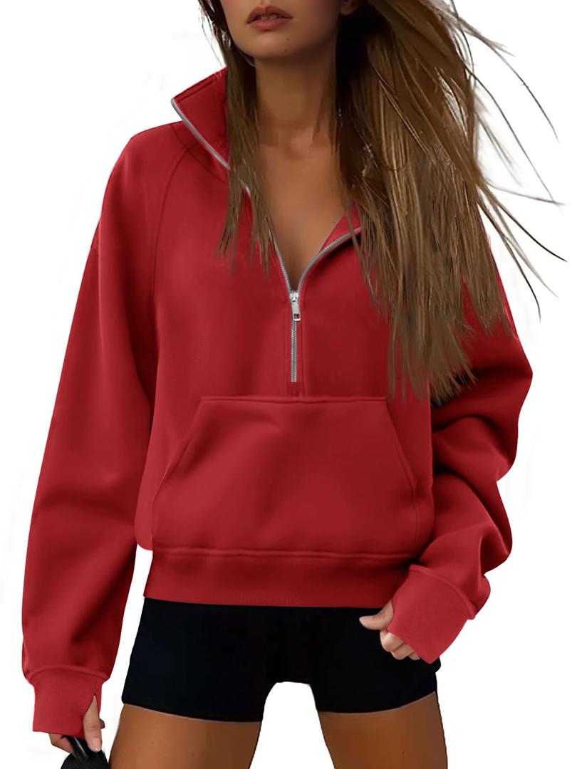 ATHMILE Womens Sweatshirts Half Zip Cropped Pullover Fleece Quarter Zipper Hoodies Fall Winter Fashion Outfits Red XL