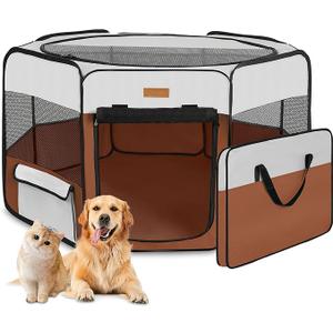 Amazon Basics 8-Panel Octagonal Plastic Dog Playpen, Indoor/Outdoor Pet Fence with Gate, Exercise Pen for Puppies and Small Animals, 28 inches, Grey