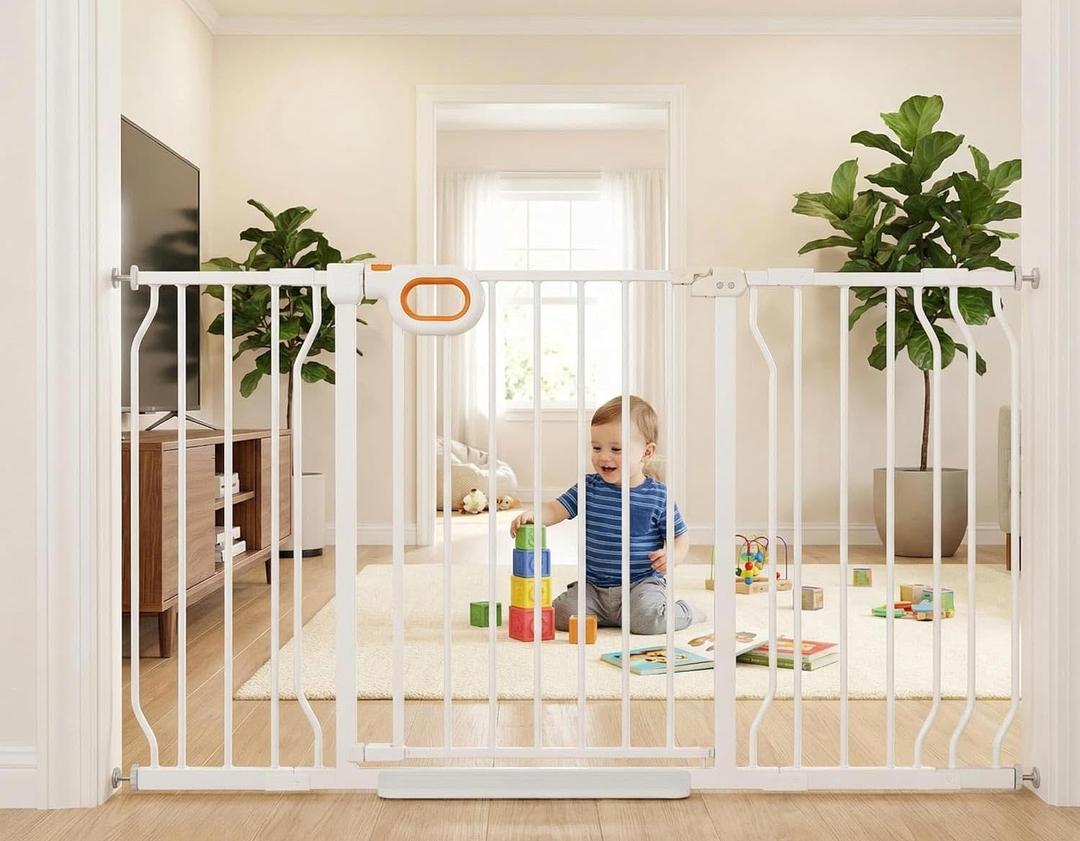 Baby Gates Extra Wide with Door 29.1-57.5 Inch Extra Wide Pressure Mounted Baby Dog Gate for Doorways Indoor Metal Gate No Drilling with Walk-Through Door,White