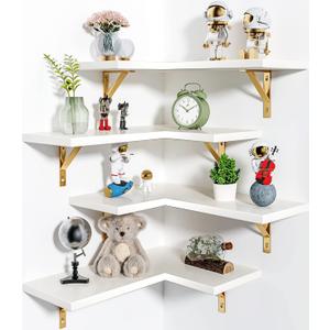 Corner Shelf Wall Mounted, Set of 4, Corner Floating Shelves, Corner Wall Shelf, Corner Hanging Shelf for Living Room, Kitchen and Bedroom (White Gold, 16.3 Inches)