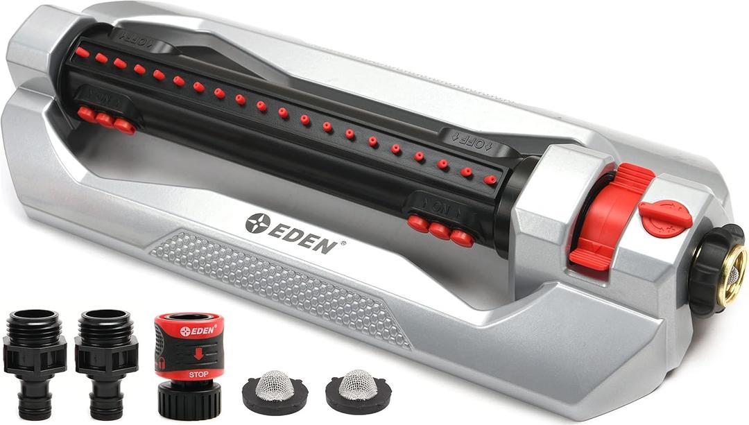 Eden 96216 Heavy Duty Metal 3-Way Oscillating Sprinkler for Large Lawn and Garden W/Quick Connect Starter Set