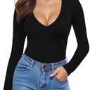 MANGOPOP Deep V Neck Long Sleeve Shirts for Women Sexy Slim Fitted T Shirt Tops L