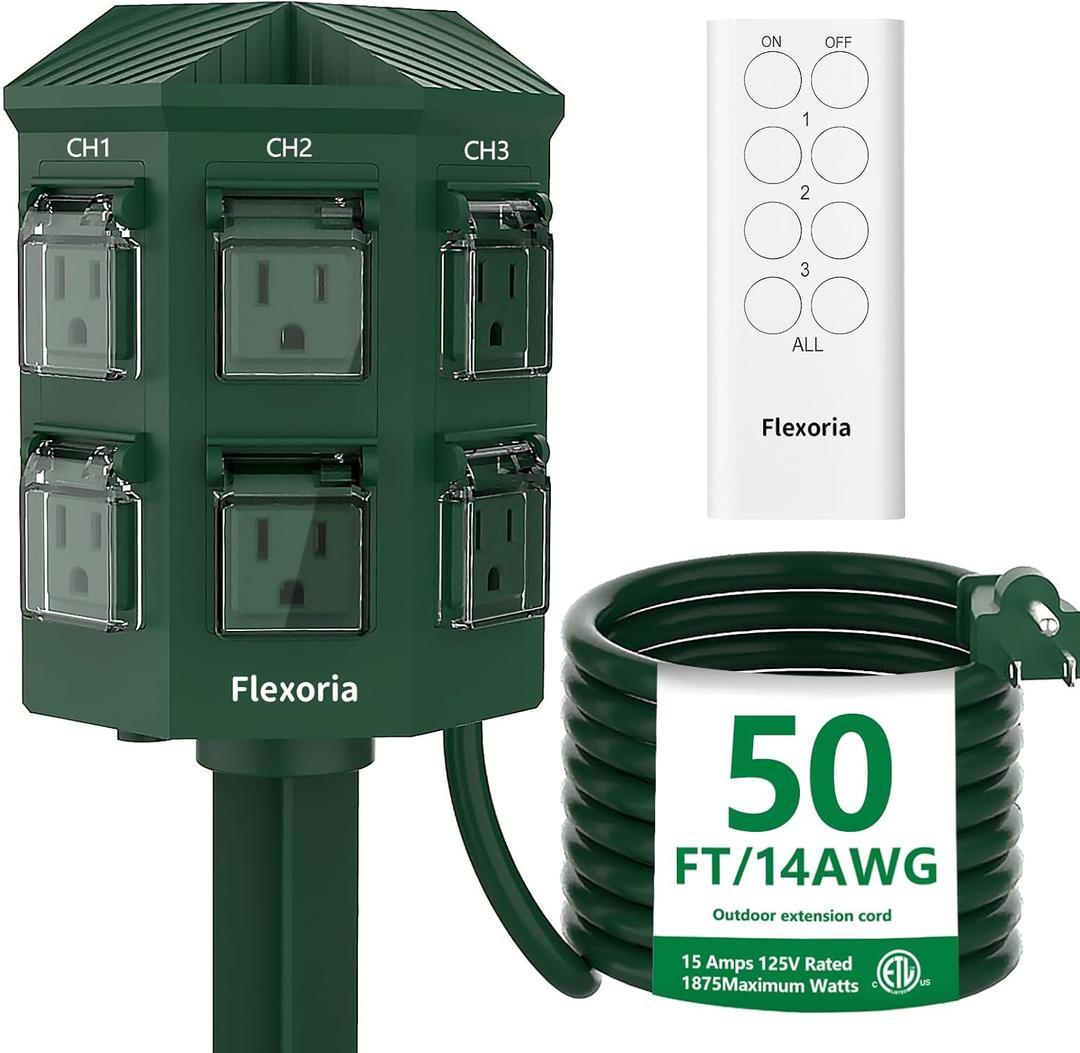 Outdoor Power Stake, 50 Feet Extension Cord Waterproof, Independently Remote Control 3 Sets of Outlets, 6 Grounded Outlets for Garden, Patio, Outdoor Decor, ETL Listed