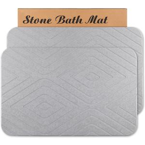 Stone Bath Mat, 2 Pack Diatomaceous Earth Shower Mat, Non-Slip Super Absorbent Quick Drying Bathroom Floor Mat, 24x15, Light Grey