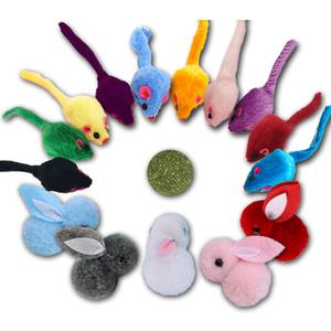 Furry Cat Toys Mice Rattle Interactive Mouse Toy for Indoor Cats Catnip Ball Pet Play Fur Ball Rabbit Assorted Color (16 Piece Set)