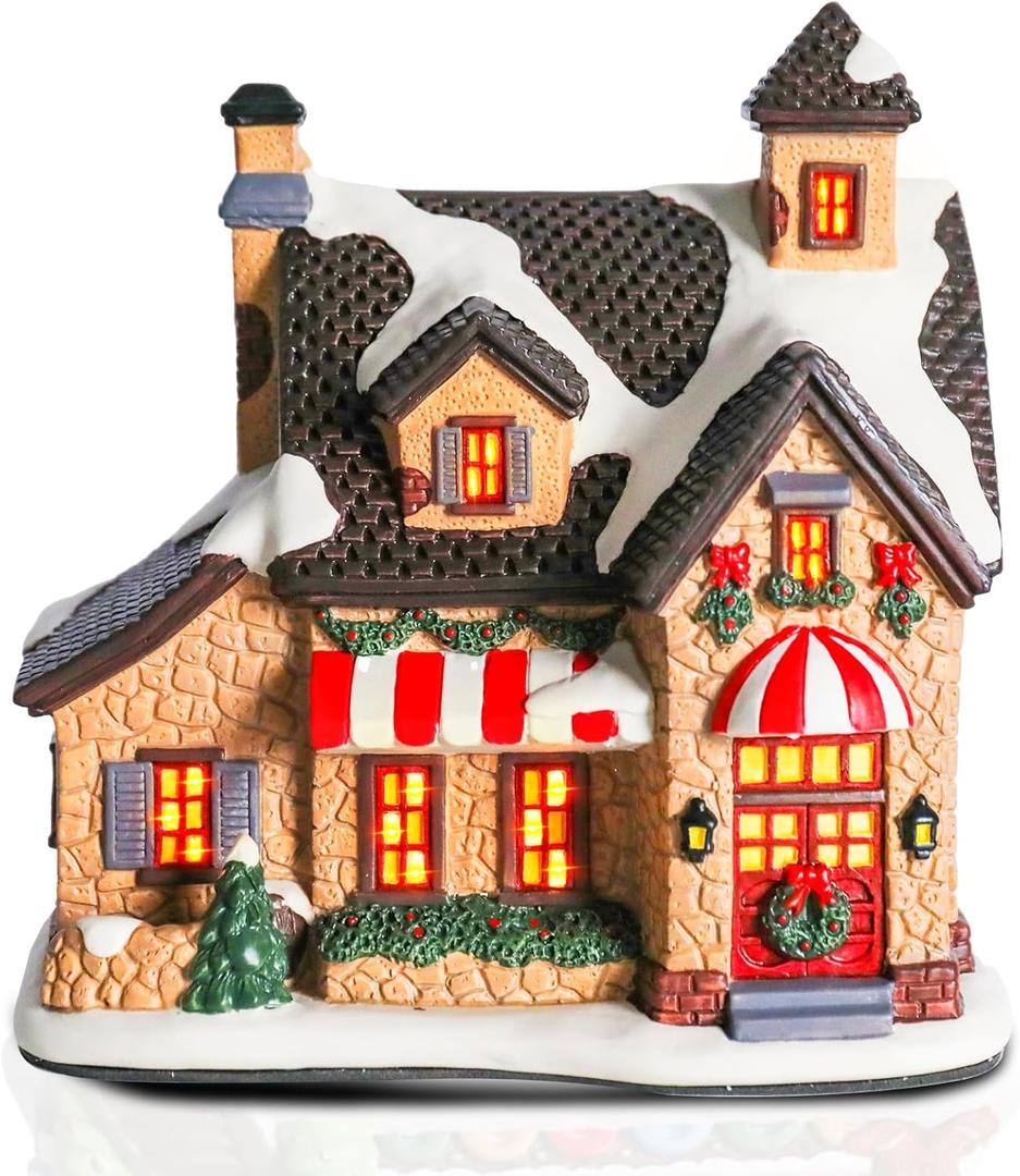 Christmas Village Houses - Hand-Painted Ceramic Gingerbread House Decorations With LED Lights for Indoor Christmas Decor