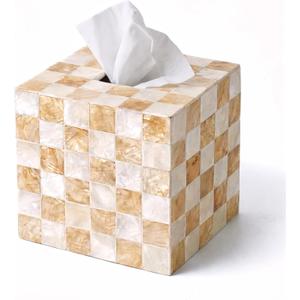 CHI AN HOME 5.5 Square Tissue Box Cover, Capiz Shells Cube Tissue Box Holder with Bottom Slider, Checkered Tissue Box Cover Mother of Pearl Decorative Tissue Holder for Bathroom Vanity, Office, Ivory