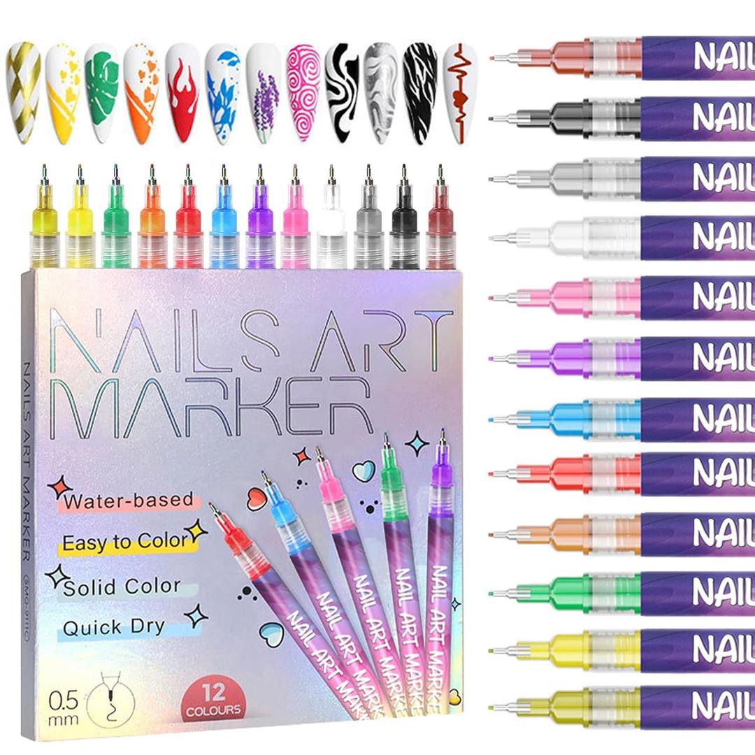 12 Colors Nail Art Pens Set, 0.5 MM Quick Dry Nail Art Markers Acrylic Paint Pens Kit for Graffiti Dotting Drawing Painting Nail Point, Nail Art Design Decoration Nail DIY Polish Pens