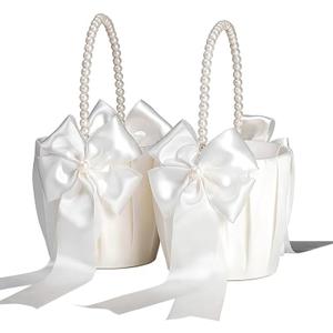Flower Girl Baskets for Wedding, Ivory Flower Girl Basket With Pearl Handle set of 2, Wedding Baskets for Flower Girls