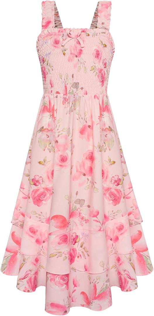 GRACE KARIN Girls Floral Maxi Dress Square Neck Wide Straps Smocked Summer Spring Flowy Dress (10-12 Years, Light Pink Floral)