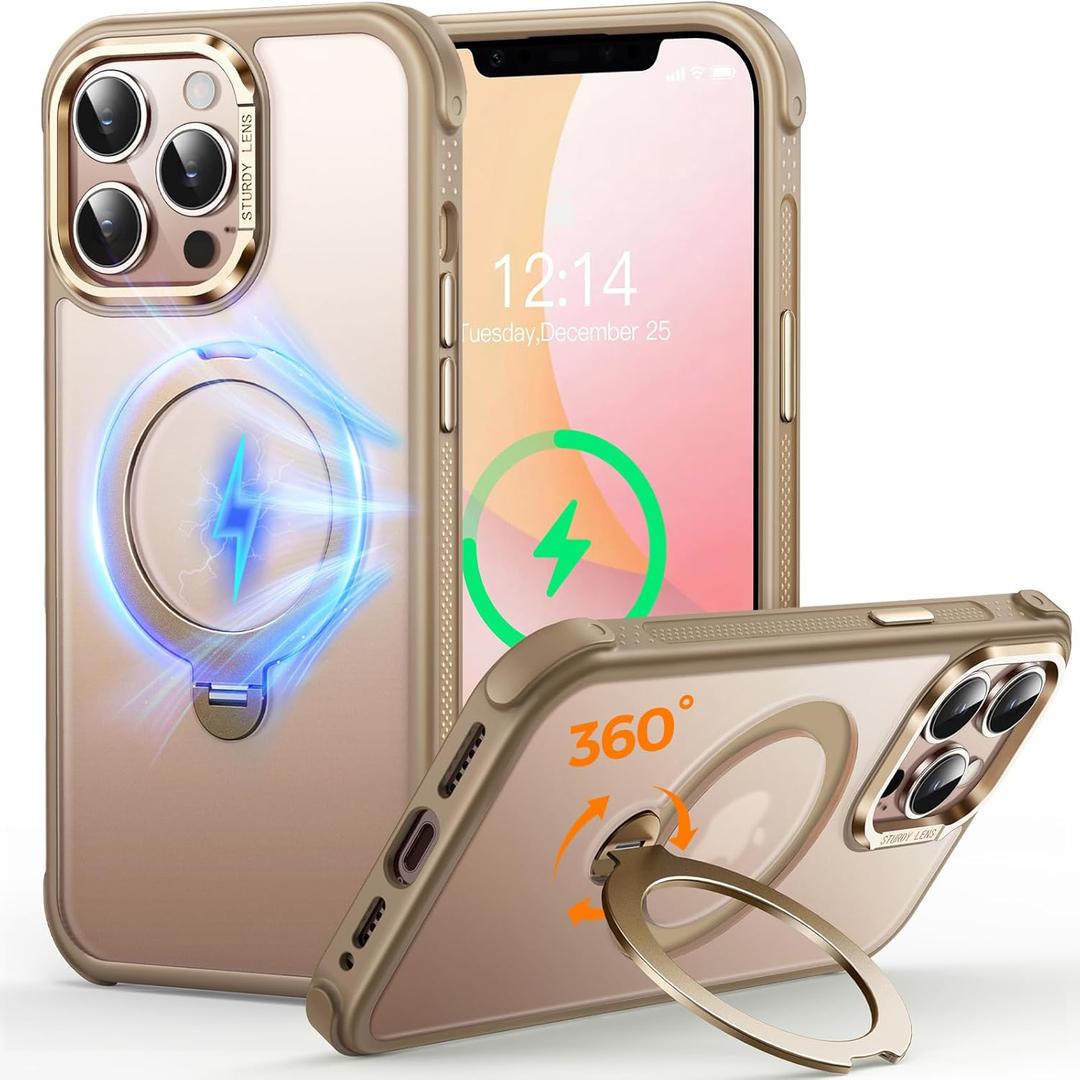 O3 Mag-Stand Designed for iPhone 12 Pro Max Case with 360 Spin Stand, [Compatible with mag Safe][Super Skin Feeling] Translucent Matte Magnetic Slim Phone Case 6.7 inch, Desert Gold