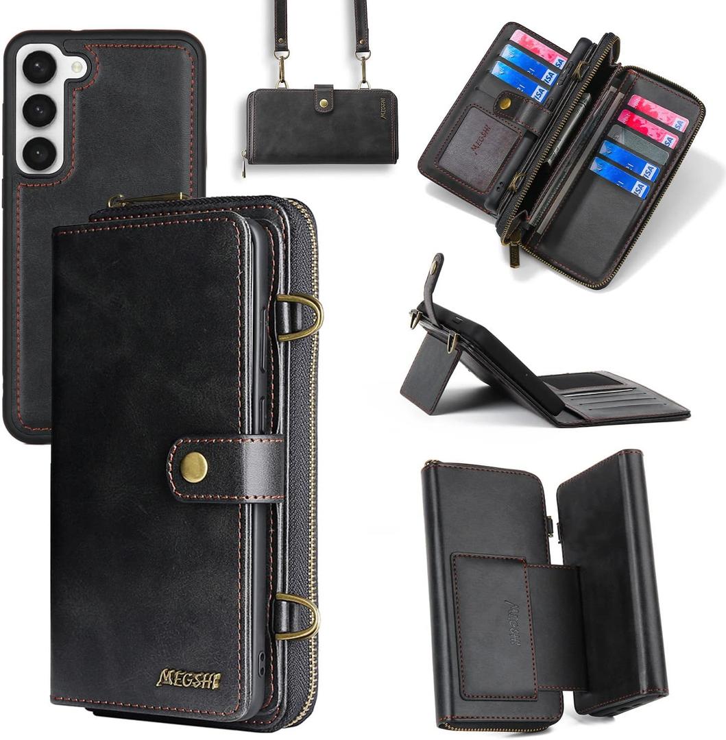Compatible with Samsung Galaxy S23 Plus S23+ 5G Wallet Case Crossbody Shoulder Strap Card Holder Multi-Function 2in 1 Detachable Magnetic Phone Cover for S23plus 23S + S 23 23+ SM-S916U 6.6 inch Black