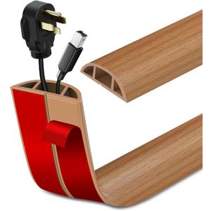 Floor Cord Cover Self Adhesive Cord Hider Floor Extension Cord Covers for Floor Power Cord Protector Cable Management Prevent Cable Trips Cable Cavity 0.47" W x 0.27" H (Light Brown Wood, 10Ft)