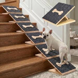 Dog Ramp for Stairs 6 Pack Foldable Pine Wood Dog Ramp | Adjustable Dog Stair Bed Ramp for Small ,Elderly,Short-Legged,Arthritic Pets with Non-Slip Bone Design –Supports 100 lbs