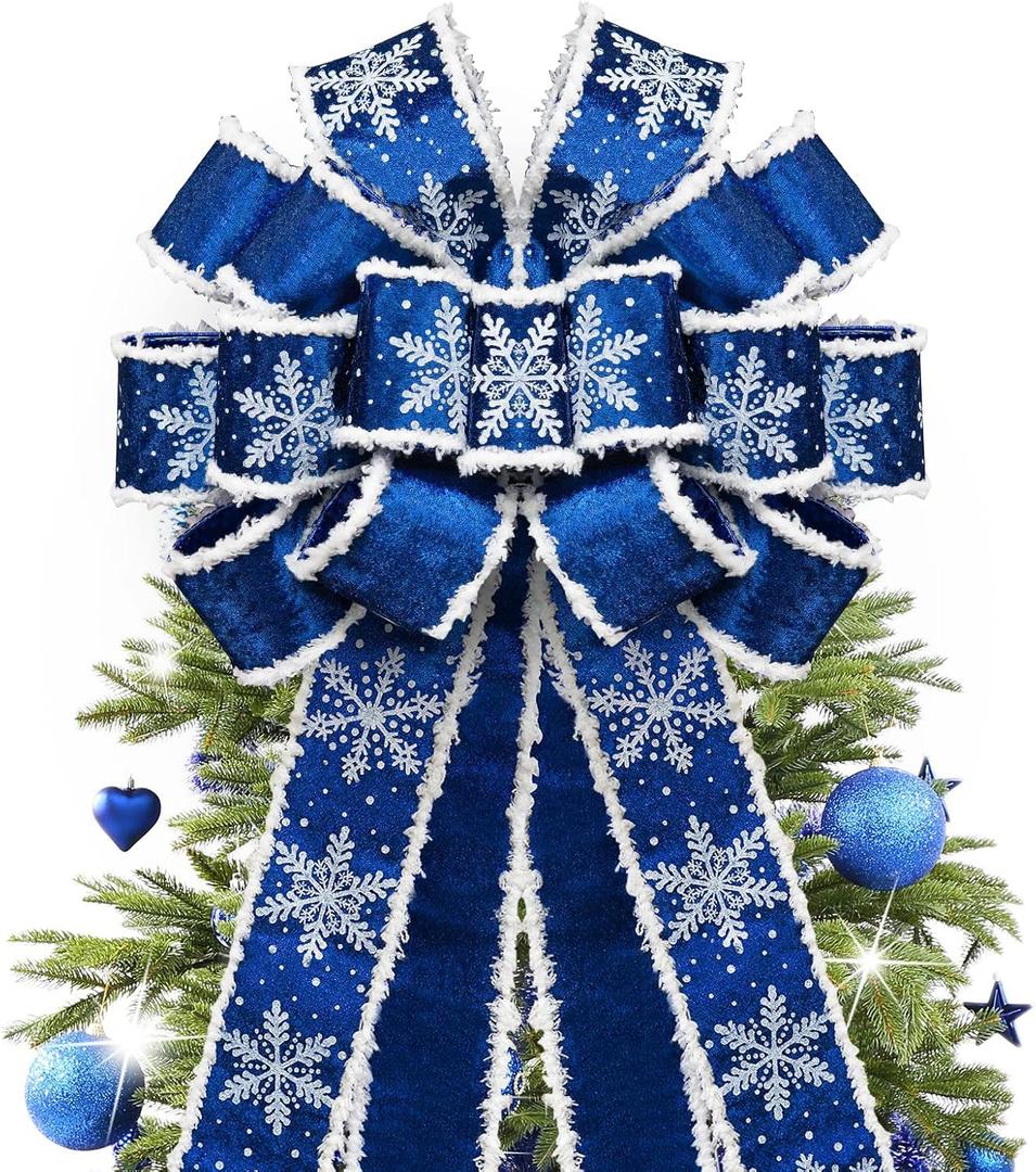 GOGOSY Christmas Tree Topper Bow,48''x 13'' Large Velvet Christmas Wreath Bows Xmas Ornaments with Long Wired Edge Ribbon for Farmhouse Thanksgiving,Birthday,Living Room Christmas Decoration(Blue)