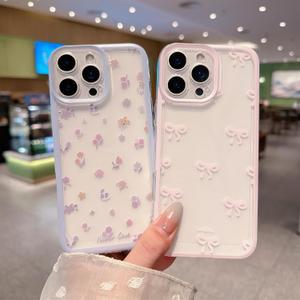 [2 Pack Aesthetic Pattern Case for iPhone 15, Transparent Clear Slim Soft, Cute Bow Ribbon & Ditsy Floral, Gift for Women and Girls (Blue Flower+Pink Bow)