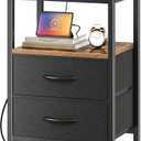 Nightstand with Charging Station, Bedside End Table with 2 Fabric Drawers for Bedroom, Side Table with USB Ports and Outlets (Brown Black)