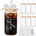 Skylety Personalized Glass Cups with Bamboo Lids and Glass Straws 16 oz Custom Gift Coffee Cups with Name Sticker Ribbon DIY Tumbler Gift for Birthday Proposal Bridal Shower(6 Set,Classic)