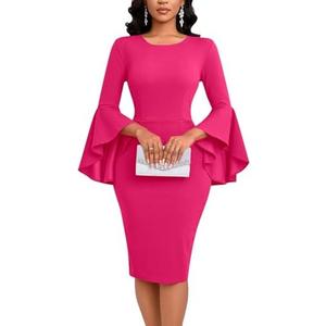 Church Dress for Women Elegant Vintage Ruffle Sleeve Business Work Cocktail Party Bodycon Midi Pencil Dresses Size 2XL