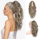 FLUFYMOOZ Ponytail Extension, 18 Inch Claw Clip Ponytail Extension, Wavy Curly Claw Clip in Ponytail Hair Extensions, Natural Ponytail Synthetic Hairpiece for Women (Ash Brown with Blonde Highlights)