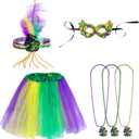 SUMERSHA 6pcs Mardi Gras Costume Set Tutu Skirt Sequins Feather Headband Masquerade Mask Beads Necklaces for Women Carnival Dress up Accessories