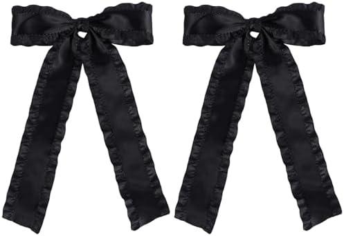 4pc Satin Tassel Ribbon Hair Bows Alligator Clips Black 5.5 inch Big Ruffle Layered Hairbow Barrettes Long Tail for Women Girls Thick Thin Hair Decoration Accessories Present 6 Pack
