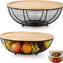 2 Set Stackable Fruit Basket with Bamboo Lid 11.5 &10.5 Inch Black Metal Wire Large Fruit Bowl for Kitchen Counter Pantry Organizer and Storage for Veggie, Snacks