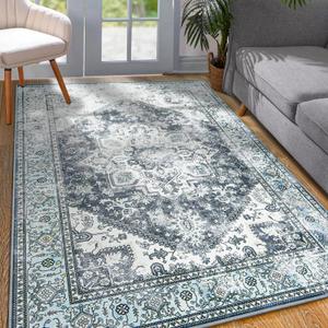 YJ.GWL Area Rug for Living Room, 4x6 Machine Washable Boho Rug for Bedroom, Low Pile Lightweight Thin Rugs Floral Vintage Distress Print Pattern Carpet for Dining Room, Blue/Grey